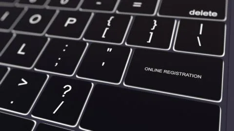 Black computer keyboard and glowing online registration key. Conceptual 3D Illustrazione stock