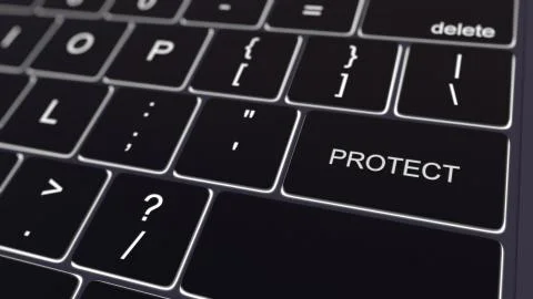 Black computer keyboard and glowing protect key. Conceptual 3D rendering 스톡 일러스트