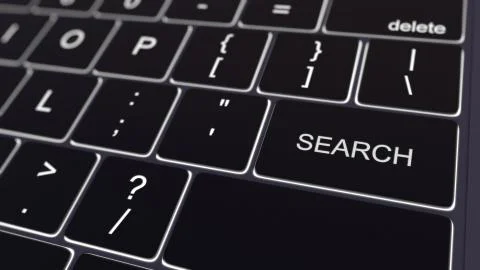 Black computer keyboard and glowing search key. Conceptual 3D rendering Stock Illustration
