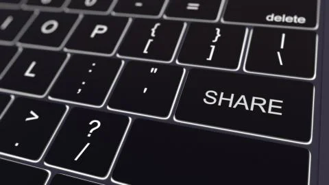 Black computer keyboard and glowing share key. Conceptual 3D rendering Illustrazione stock