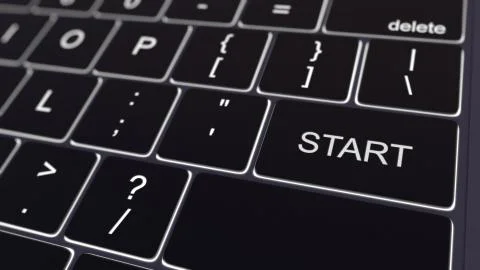 Black computer keyboard and glowing start key. Conceptual 3D rendering Stock Illustration