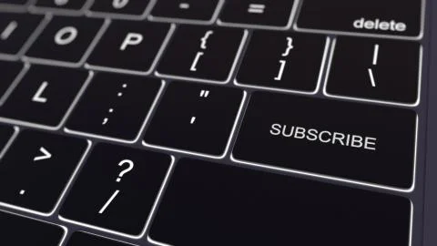 Black computer keyboard and glowing subscribe key. Conceptual 3D rendering Illustrazione stock