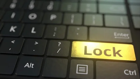 Black computer keyboard and gold lock key. Conceptual 3D animation Stock Footage 116481919