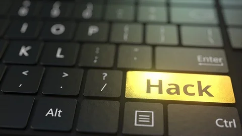 Black computer keyboard and gold hack key. Conceptual 3D animation Stock Footage 117810499