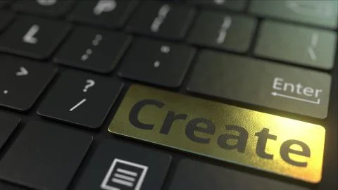 Black computer keyboard and gold create key. Conceptual 3D rendering Illustrazione stock