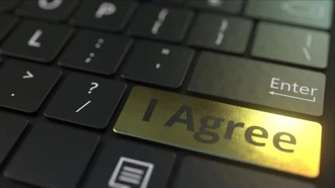 Black computer keyboard and gold I Agree key. Conceptual 3D rendering Illustrazione stock