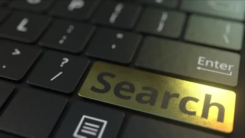 Black computer keyboard and gold search key. Conceptual 3D rendering Stock Illustration