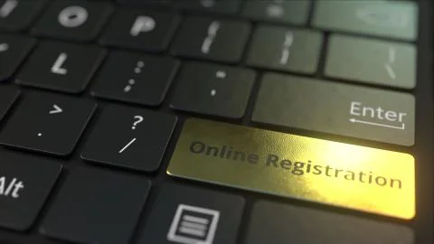 Black computer keyboard and gold online registration key. Conceptual 3D Illustrazione stock