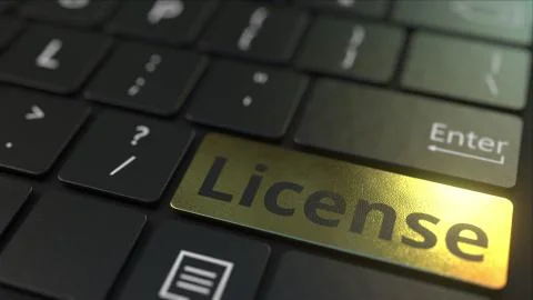 Black computer keyboard and gold license key. Conceptual 3D rendering Illustrazione stock