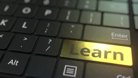 Black computer keyboard and gold learn key. Conceptual 3D rendering Illustrazione stock