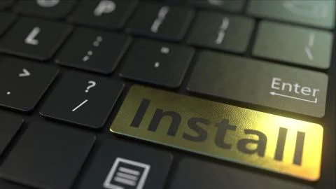Black computer keyboard and gold install key. Conceptual 3D rendering Stock Illustration