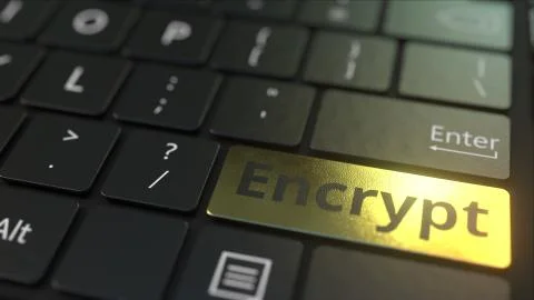 Black computer keyboard and gold encrypt key. Conceptual 3D rendering Illustrazione stock