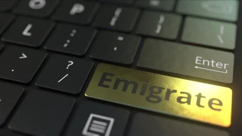 Black computer keyboard and gold emigrate key. Conceptual 3D rendering Stockillustratie