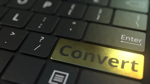 Black computer keyboard and gold convert key. Conceptual 3D rendering Illustrazione stock