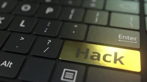 Black computer keyboard and gold hack key. Conceptual 3D rendering Stock Illustration