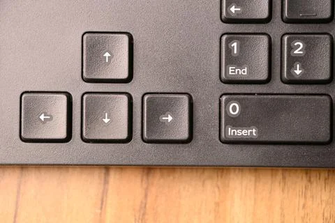 Black Computer Keyboard Macro Shot Highlighting Right Arrow Key with Soft B.. Foto stock