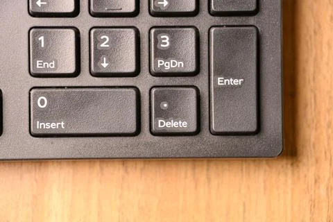 Black Computer Keyboard Macro Shot Highlighting Delete Key on Numeric Keypa.. Foto stock