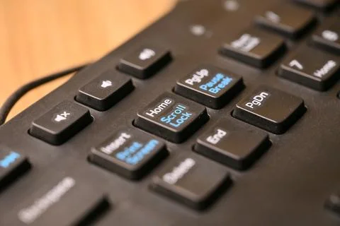 Black Computer Keyboard Macro Shot Highlighting Home and Scroll Lock Keys w.. Foto stock