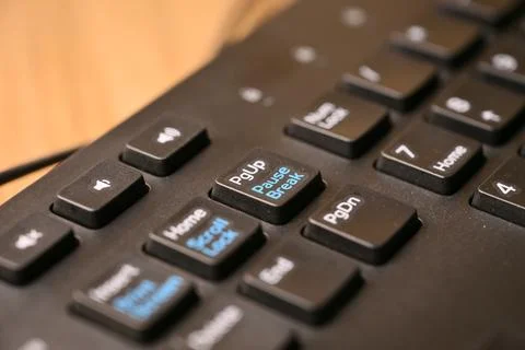 Black Computer Keyboard Macro Shot Highlighting Page Up and Pause Break Key.. Foto stock