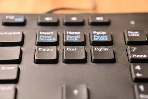 Black Computer Keyboard Macro Shot Highlighting End Key Section with Angled.. Foto stock