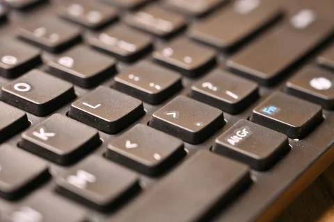 Black Computer Keyboard Macro Shot Highlighting Period and Greater Than Key.. Stock Photos
