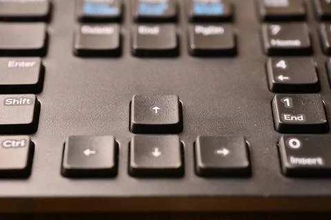 Black Computer Keyboard Macro Shot Highlighting Arrow Keys Section with Ang.. Stock Photos