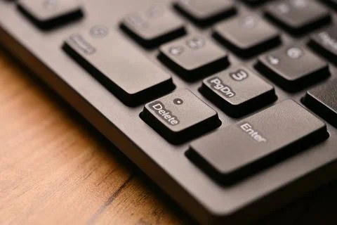 Black Computer Keyboard Macro Shot Highlighting Left Side Delete Key with S.. Stock-Fotos