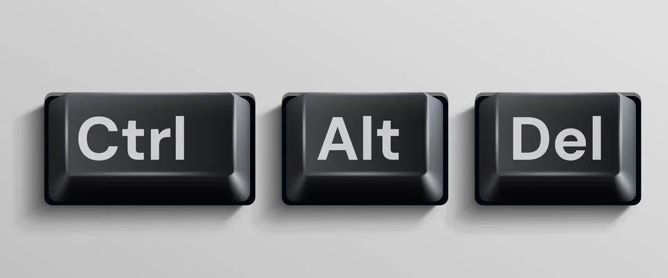 Black computer keys on white background. Ctrl Alt Del. Illustrazione stock