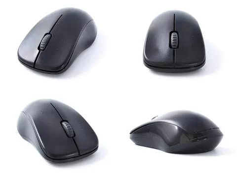 Black computer mice in different angles on white background 库存照片