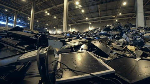 Black computer monitors ready for recycling in facility. Stock Footage 125622067
