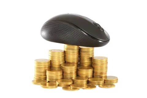 Black  computer mouse and golden coin . Stock Photos