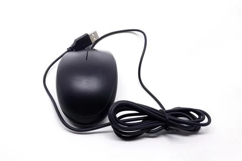 Black computer mouse with cable isolated on white background Foto stock