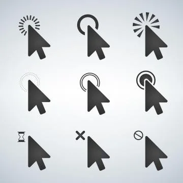 Black Computer mouse click cursor arrow icons set. Vector illustration isolat Stock Illustration