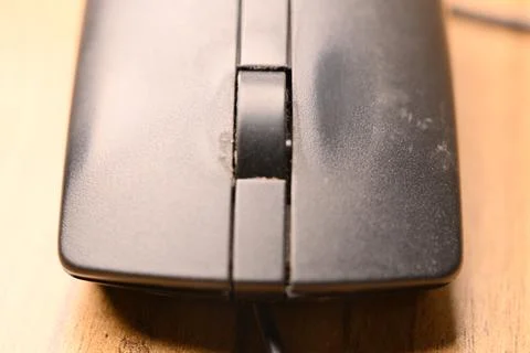 Black Computer Mouse, Front View Close-Up Macro Photograph with Soft Defocu.. 스톡 사진