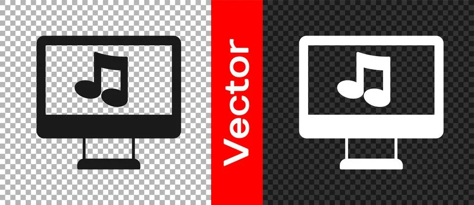 Black Computer with music note symbol on screen icon isolated on transparent Stock-Illustration