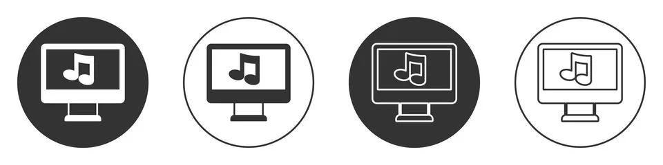 Black Computer with music note symbol on screen icon isolated on white back.. Stock Illustration
