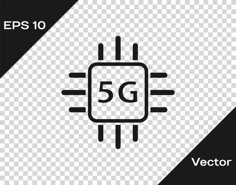 Black Computer processor 5G with microcircuits CPU icon isolated on transparent Illustrazione stock