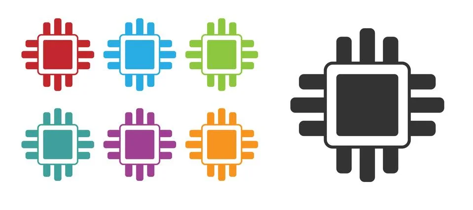 Black Computer processor with microcircuits CPU icon isolated on white Stock Illustration