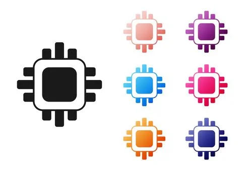 Black Computer processor with microcircuits CPU icon isolated on white 스톡 일러스트