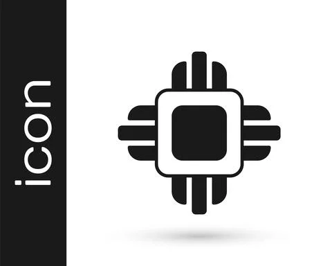Black Computer processor with microcircuits CPU icon isolated on white Illustrazione stock