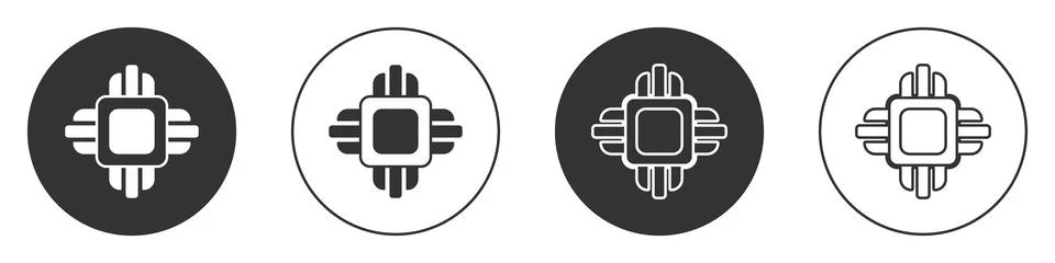 Black Computer processor with microcircuits CPU icon isolated on white Stock Illustration