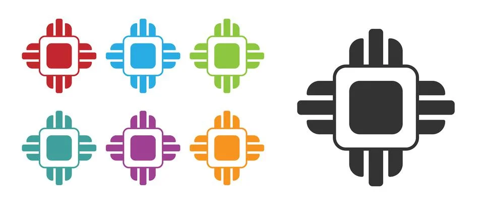 Black Computer processor with microcircuits CPU icon isolated on white Illustrazione stock