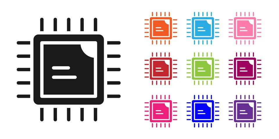 Black Computer processor with microcircuits CPU icon isolated on white backgr Stock Illustration