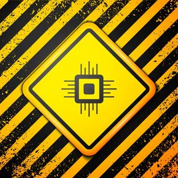 Black Computer processor with microcircuits CPU icon isolated on yellow Stock Illustration