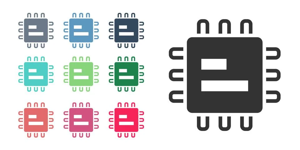 Black Computer processor with microcircuits CPU icon isolated on white backgr Stock Illustration
