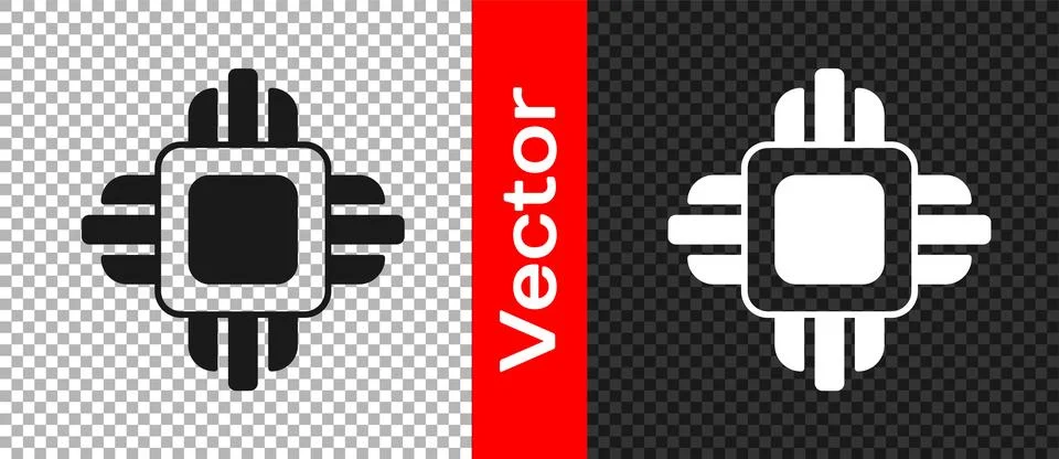 Black Computer processor with microcircuits CPU icon isolated on transparent Illustrazione stock