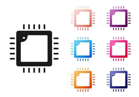 Black Computer processor with microcircuits CPU icon isolated on white Stock Illustration