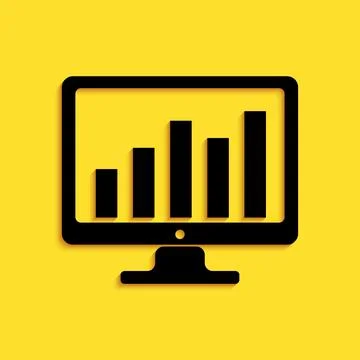 Black Computer screen with financial charts and graphs icon isolated on yellow Ilustración de archivo
