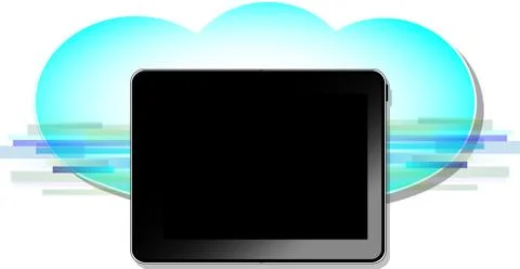 Black computer tablet with blue wireless cloud symbol Illustrazione stock
