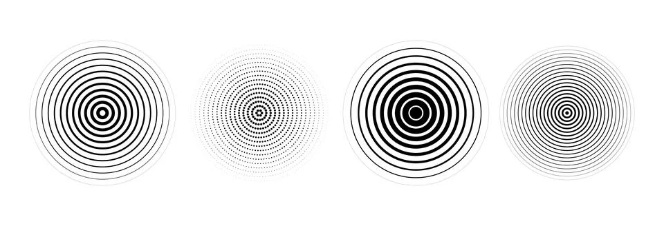 Black concentric circle set. Sonar or sound wave ring collection. Dotted and Stock Illustration